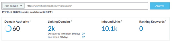 Domain Authority of Health and Beauty Times